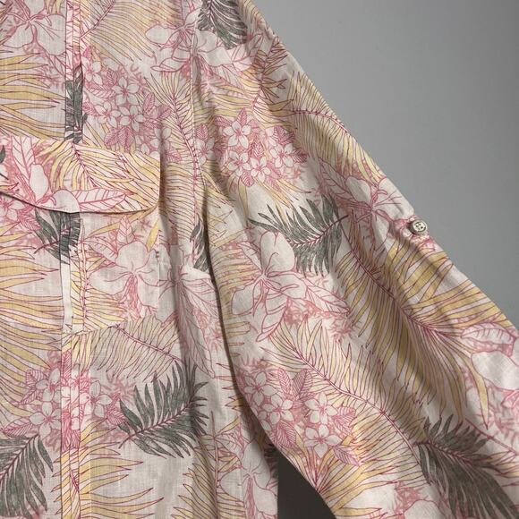 Tommy Bahama Women's L Linen Button Up Shirt Roll Tab Coral Pink Floral Vacation - Picture 6 of 14
